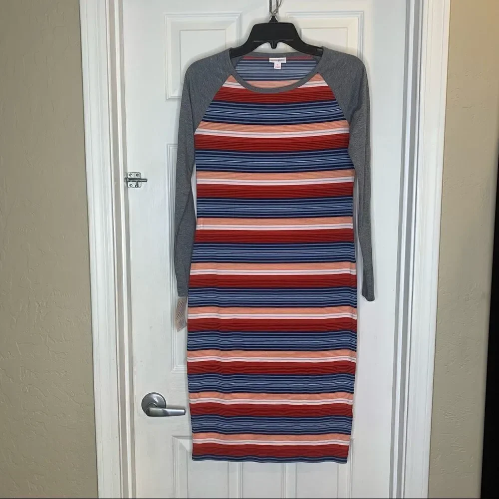 LulaRoe Debbie Multicolored Long Sleeve Striped Dress Size Small NWT